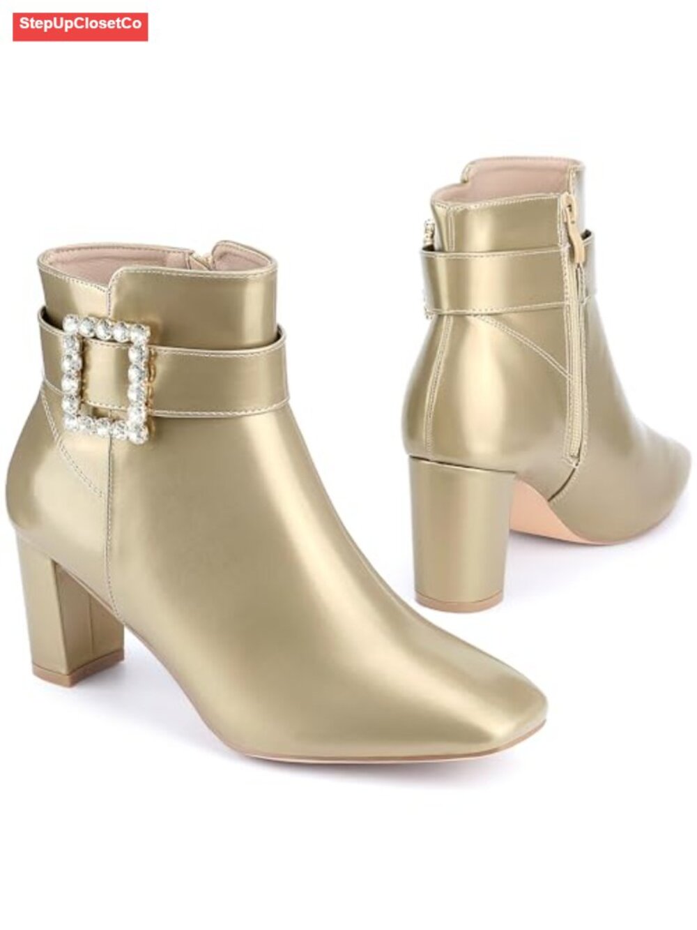 Rhinestone Buckle Faux Leather Square Toe Chunky Heel Ankle Boots